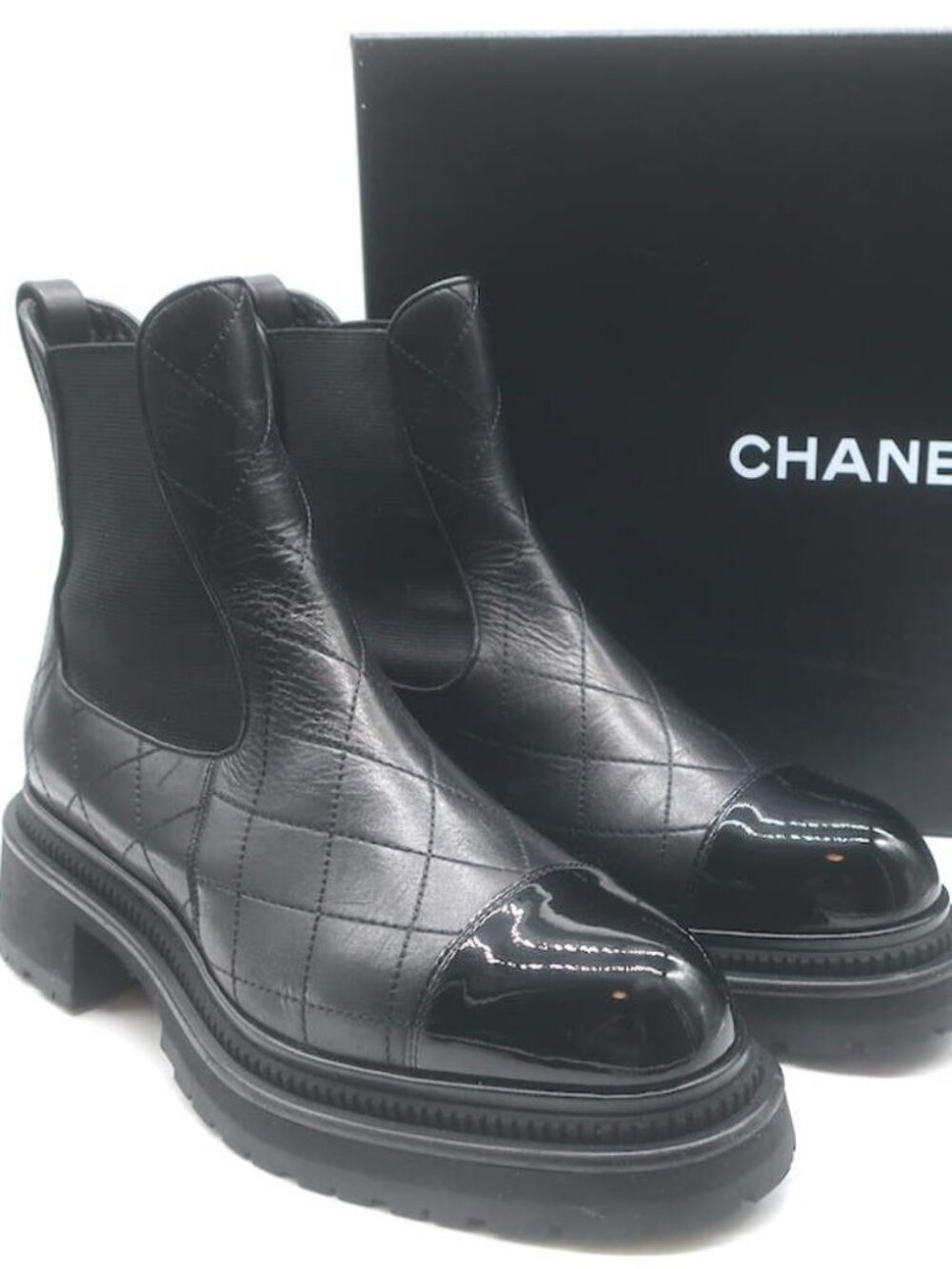 Chanel 26C Patent Cap Toe Quilted Leather Chelsea Boots Black Size 41